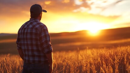 Silhouette Of Farmer Watching Stunning Sunset Over Wheat Field In Golden Hour : Generative AI