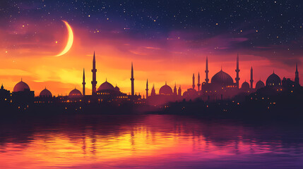 Naklejka premium Sunset fantasy cityscape with silhouetted domes, crescent moon, and starlit river. Enchanted Starlit River. Illustration