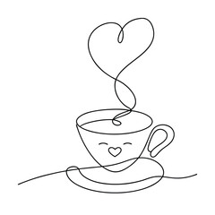 OneLine Drawing Cute Coffee Cup with Heart Steam