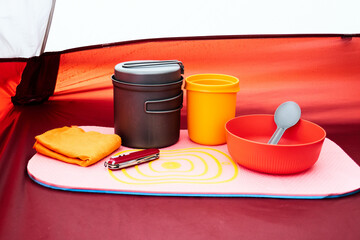 Camping Cookware Set Inside a Tent &ndash; Ready for Adventure