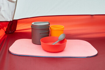 Camping Cookware Set Inside a Tent &ndash; Ready for Adventure