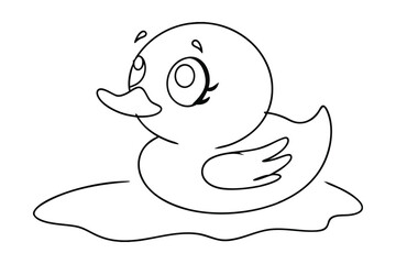 Adorable Cartoon Duckling in Puddle, Line Art, Coloring Page
