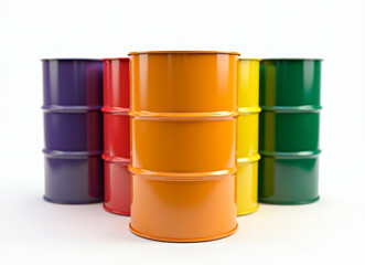 Colored metal oil barrels on white background