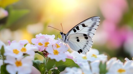 Obraz premium Beautiful White Butterfly Feeding on Colorful Flowers in Morning Light : Generative AI