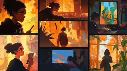 8 panel storyboard, colorful anime style