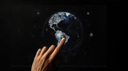 Hand pushing an earth button on the touch screen interface with the black background.