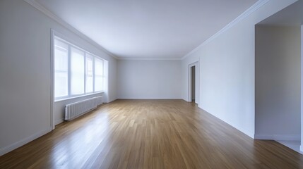 Spacious empty room with wooden flooring and natural light streaming in through large windows : Generative AI