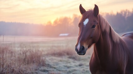 Fototapeta premium Majestic Close-up of a Brown Horse at Sunset in a Serene Farm Landscape : Generative AI