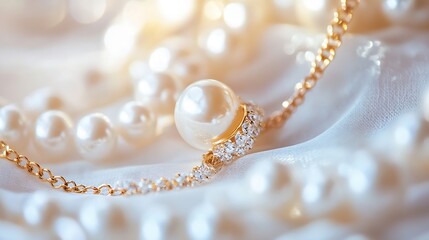 Close up of elegant pearl necklace with sparkling diamonds on soft silk fabric : Generative AI