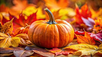 Macro shot: vibrant orange pumpkin, autumn leaves detail, spooky fall harvest.