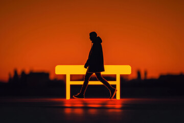 Obraz premium A solitary figure walks past a bright illuminated bench against a stunning orange sunset, embodying reflection and solitude.