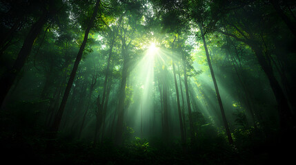 Obraz premium Sunbeams through misty forest, nature scene, peaceful background, ideal for meditation or nature documentaries