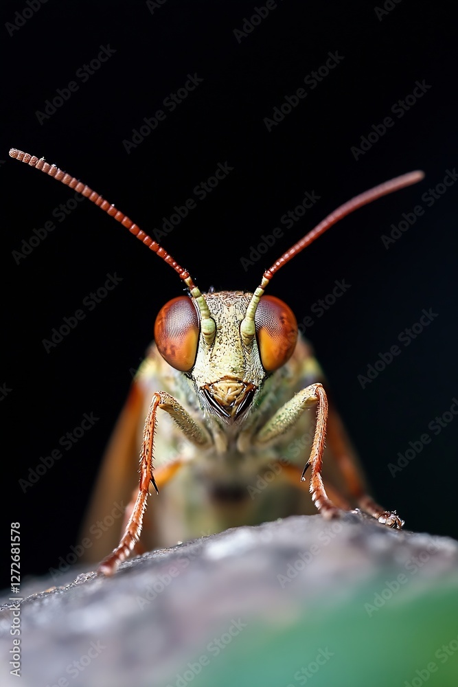 Poster Detailed Close Up of Vibrant Grasshopper with Unique Eyes and Exoskeleton : Generative AI