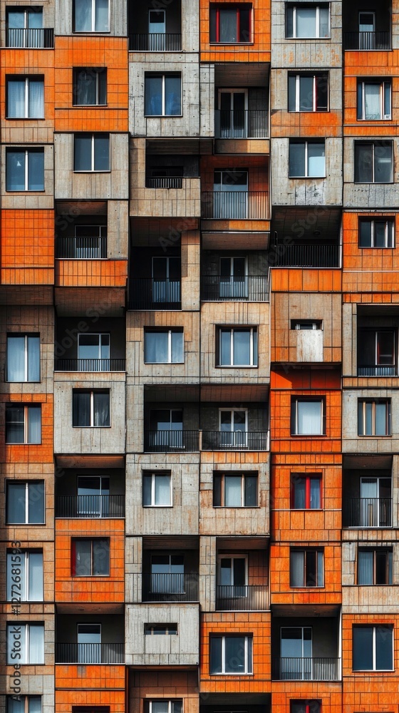 Poster A stunning display of modern architecture reveals a vibrant pattern of orange and gray, showcasing an array of windows across a contemporary urban building
