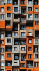 Fototapeta premium A stunning display of modern architecture reveals a vibrant pattern of orange and gray, showcasing an array of windows across a contemporary urban building