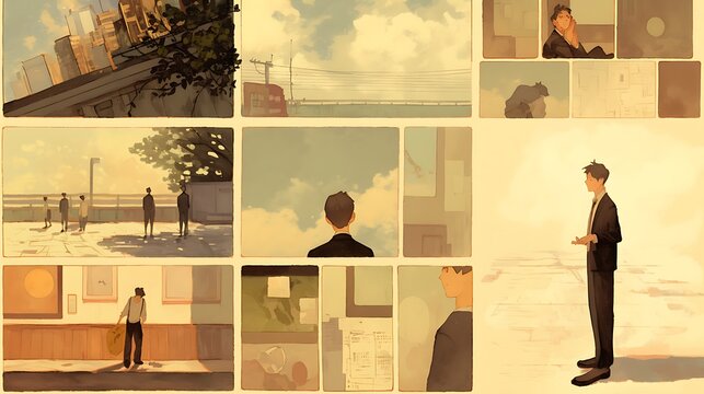 8 panel storyboard, colorful anime style