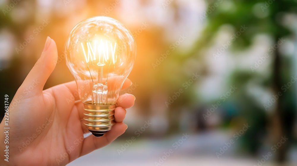 Poster hand holding a vintage light bulb with warm glow and soft background : generative ai