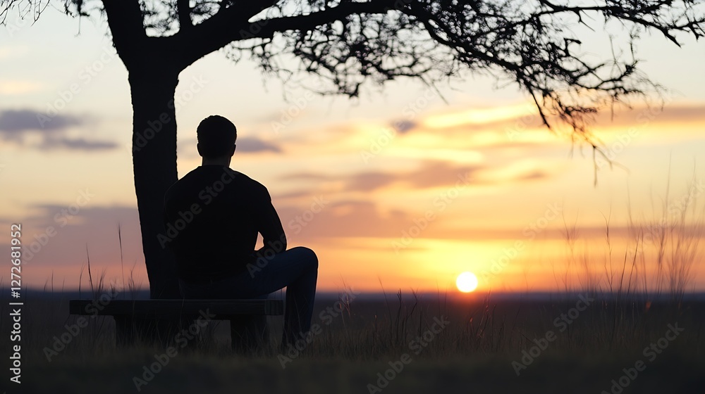 Aufkleber silhouetted man reflecting at sunset beneath a tree in serene landscape : generative ai