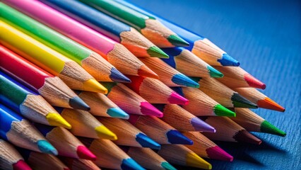 Vibrant Blue Background with Scattered Color Pencils - Candid Photography Stock Photo