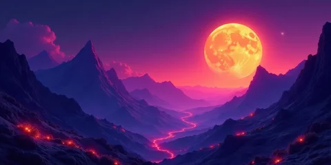  Serene mountain range landscape with a vibrant, glowing moon and a winding path illuminated by warm lights. © napak