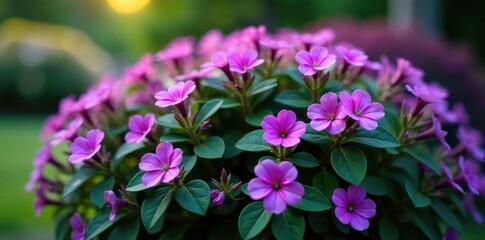 Low-growing, compact shrub with deep purple flowers and dark green leaves, purple flowers bush, plant, shrub