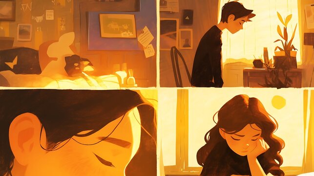 8 panel storyboard, colorful anime style