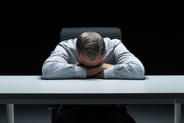 Obraz premium A professional sitting at a desk illuminated by harsh fluorescent lighting, A weary businessman sits at a table with his head down, reflecting stress and fatigue in a dark environment.