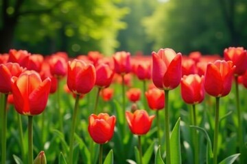 Lush greenery surrounds a field of red tulips, garden, natural