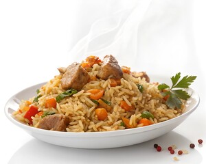 Delicious fried rice with chicken, vegetable on top isolated on white background 