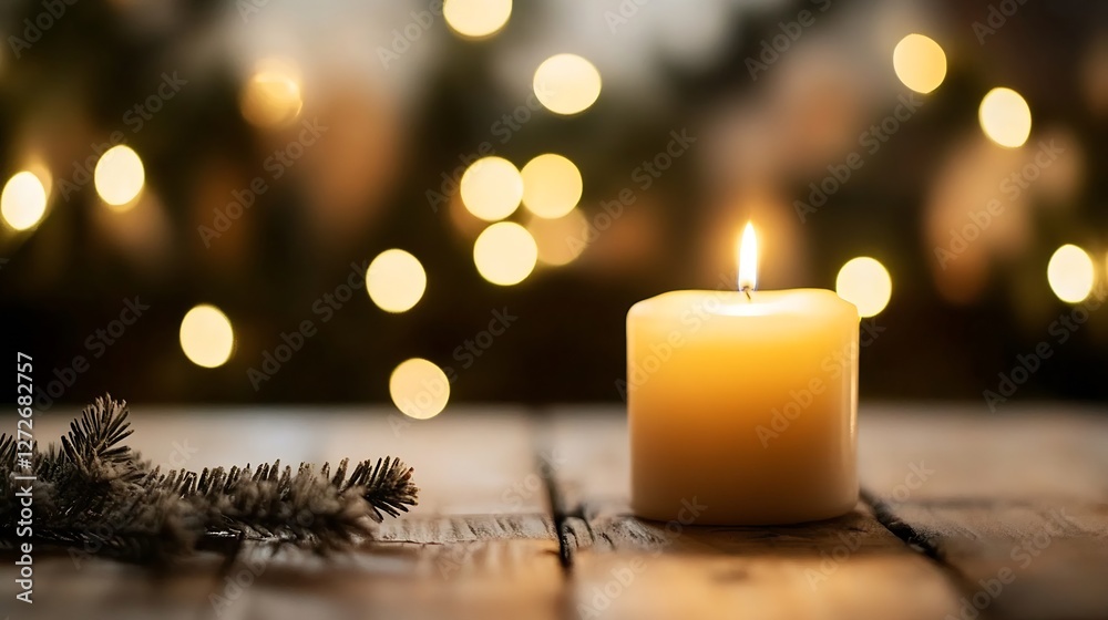 Poster beautiful lit candle on wooden table with glowing christmas lights in the background creating a warm