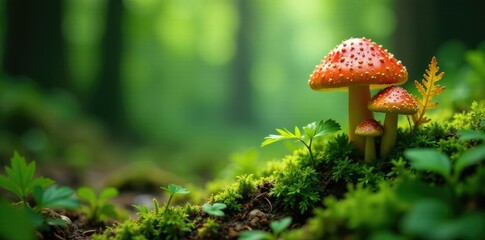 Lush green ferns and wild mushrooms growing on trees, plants, wild mushroom
