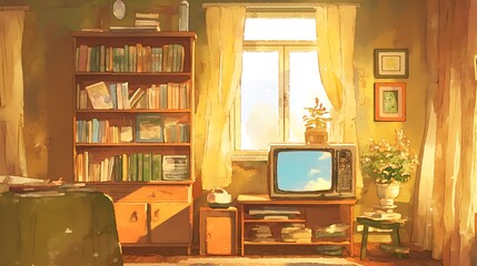 cozy retro room with vintage TV, colorful anime style