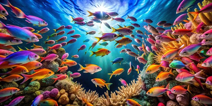 Vibrant Chromis Fish Schooling Underwater, Coral Reef, Ocean Life, Tropical Fish, Marine Biology