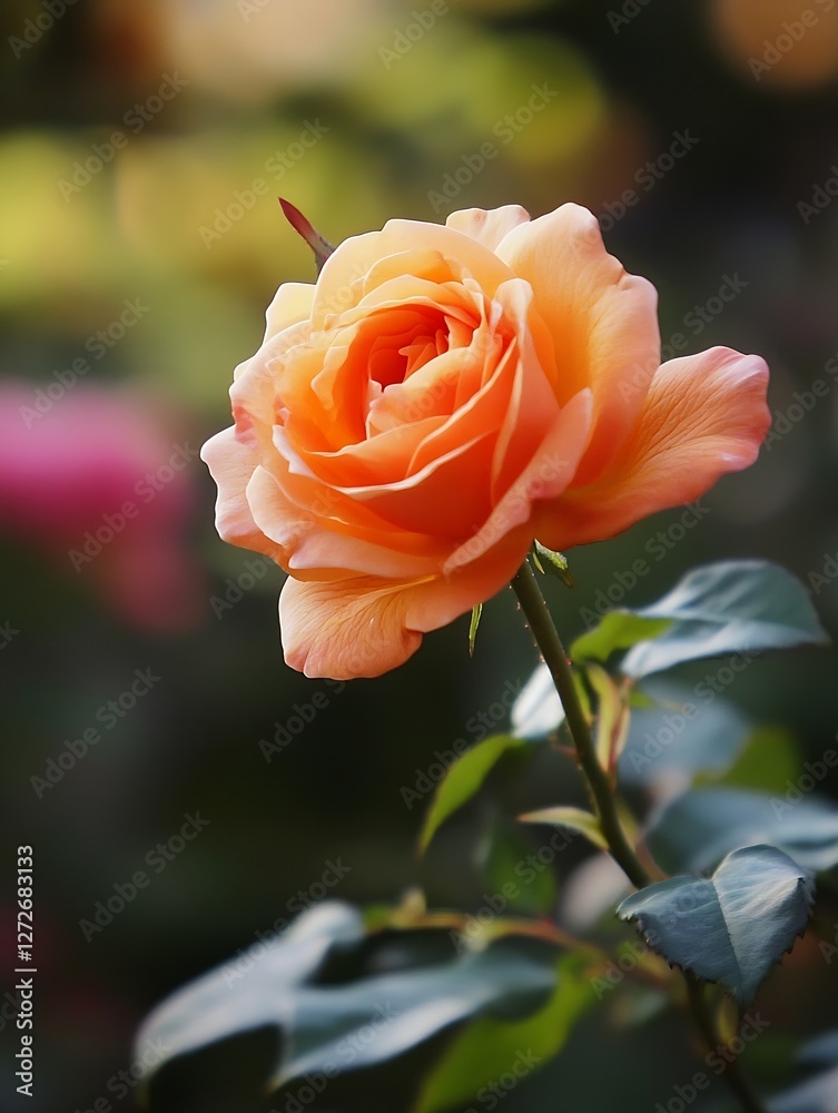 Poster beautiful peach rose blooming in a garden with soft focus background showcasing nature and elegance 