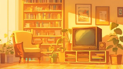 cozy retro room with vintage TV, colorful anime style