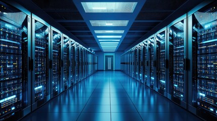 Fototapeta premium A futuristic datacenter with glowing blue server racks, showcasing advanced technology and high-performance computing. Ideal for cloud computing, cybersecurity, and networking