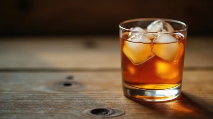 A rocks glass filled with amber liquid and ice cubes rests on a rustic wooden surface, illuminated by warm, natural light.