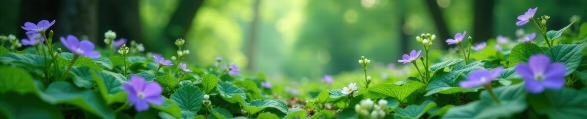 Obraz premium Lush violet leaves with small white flowers and stems in a verdant forest glade, forest, gardens, plants