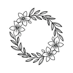 Elegant Floral Wreath Frame, Black Line Art, Simple Design, Wedding Invitation, Botanical, Circle, F