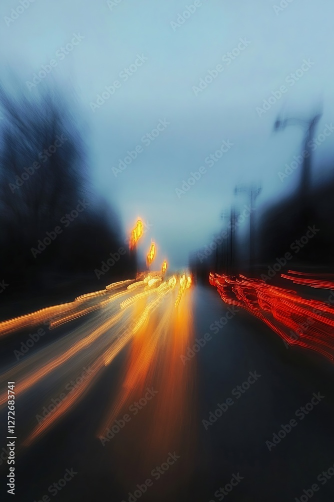 Poster abstract dynamic motion blur of colorful car lights on a city street at night creating vibrant energ