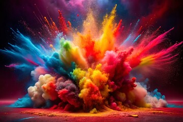 Vibrant Colored Powder Explosion on Red Background - Low Light Photography
