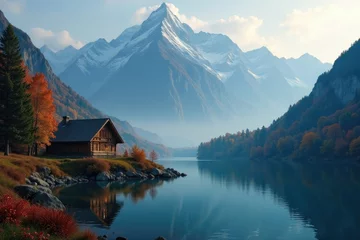 Papier peint photo Villes / Voyage Majestic mountain range in autumn hues with cabin nestled beside tranquil lake, autumn, misty  © Atittaya