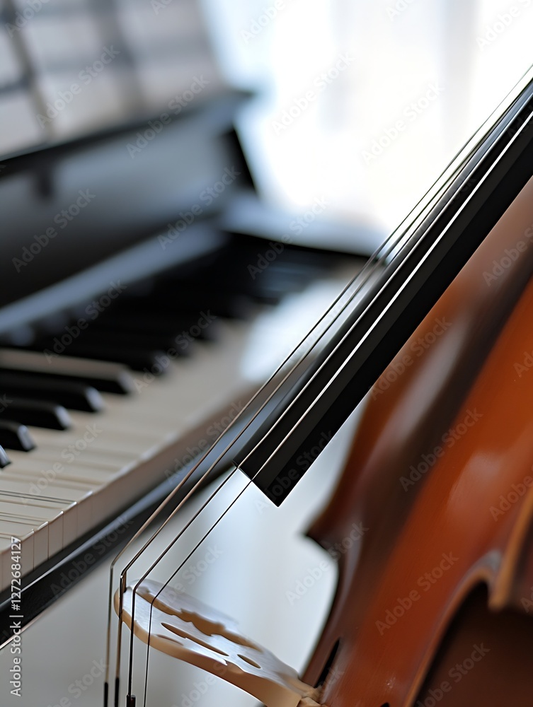 Aufkleber Close Up of Piano Keys and a Beautiful Cello in Soft Natural Light : Generative AI