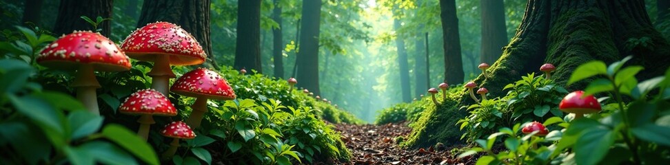 Fototapeta premium Forest path overgrown with dense foliage and large panther cap mushrooms, overgrowth, forest path