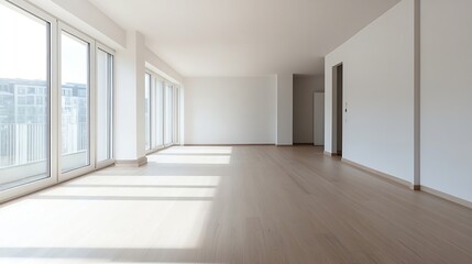 Bright and Airy Empty Modern Interior with Large Windows and Wooden Floors : Generative AI