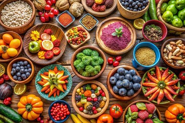 Fototapeta premium Vibrant Colorful Food in Rustic Pottery Bowls - Panoramic Stock Photo