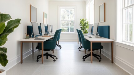 A modern, bright office space featuring multiple workstations with computers, ergonomic chairs, and large windows, creating an inviting atmosphere.
