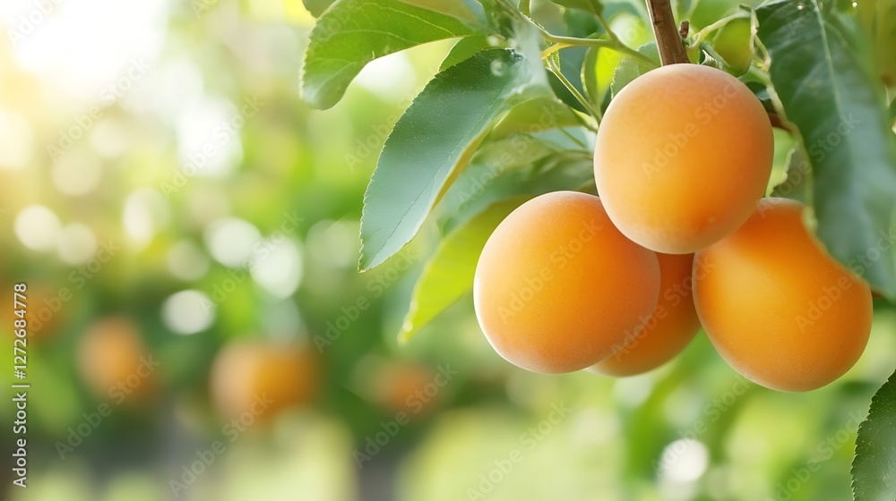 Aufkleber fresh organic apricots hanging from a branch in a sunlit orchard with green bokeh background : gener