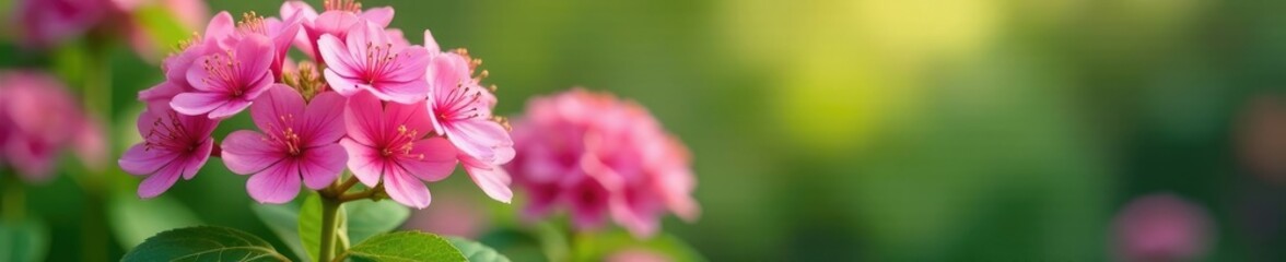 Fototapeta premium Pink flower clusters in soft focus with green foliage, blooming, floral, botanical
