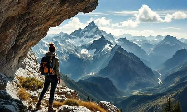 Woman Hiker Contemplates Majestic Mountain View from Rocky Overlook